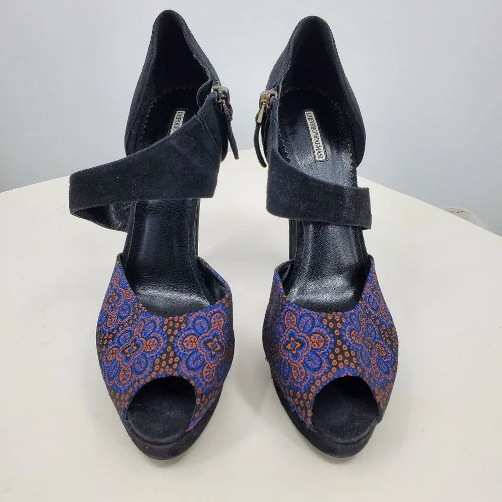 Emporio Armani Platform Suede Heels‎ 40 Black Blue Orange Whimsigoth Fairy Artsy